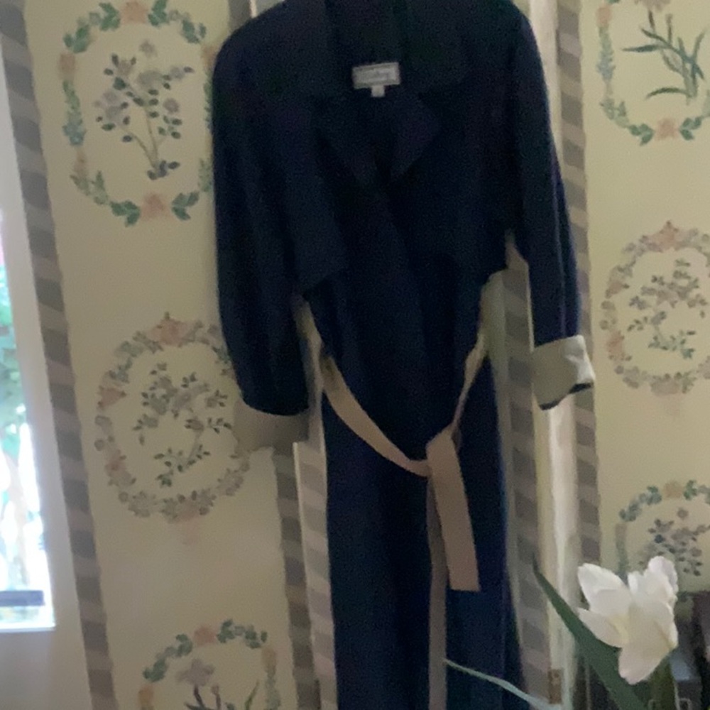 NAVY TRENCH RAIN COAT TAN TRIM WOMENS 12